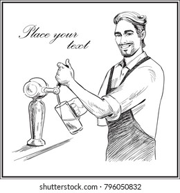 Smiling bartender pouring beer.  Hand drawn vector illustration isolated on white background.