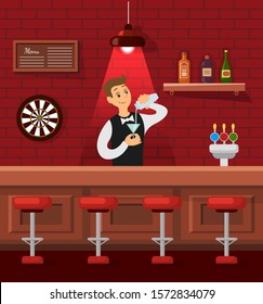 Smiling bartender pouring cocktail in glass, party entertainment. Bottles on shelf, menu board, darts game, counter bar, celebration holiday vector