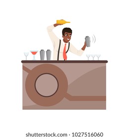 Smiling bartender shaking and mixing alcohol cocktail at the bar counter, barman character at work cartoon vector Illustration on a white background