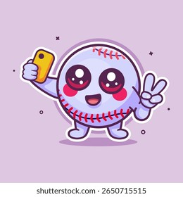 mascote sorridente do personagem da bola de beisebol tirando uma selfie com um desenho animado isolado do smartphone 