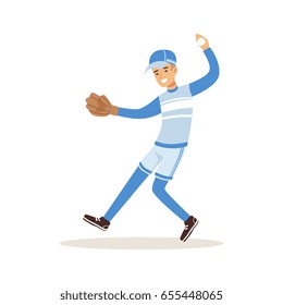 Smiling baseball player in a blue uniform pitching vector Illustration