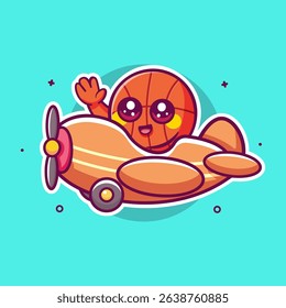 smiling basketball ball character mascot flying an airplane isolated cartoon