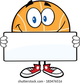 Smiling Basketball Cartoon Character Holding A Banner. Vector Illustration Isolated on white