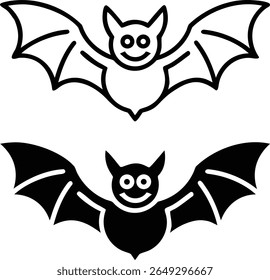 Smiling Bat Icon Vector Black and White Halloween Cartoon Design