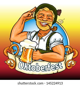 Smiling Bavarian man with beer and smoking pipe, Oktoberfest label with ribbon banner and space for text, isolated