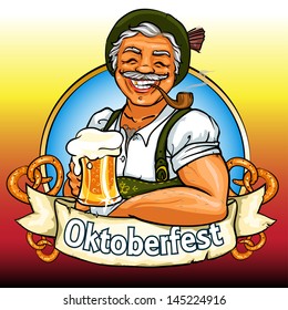 Smiling Bavarian man with beer and smoking pipe, Oktoberfest label with ribbon banner and space for text, isolated