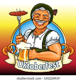 Smiling Bavarian man with beer and smoking sausage, Oktoberfest label with ribbon banner and space for text, isolated
