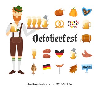 Smiling Bavarian man with red beard dressed in traditional costume and hat with beer glasses and set of Oktoberfest icons.Traditional symbols of autumn holiday. Cartoon flat style vector illustration