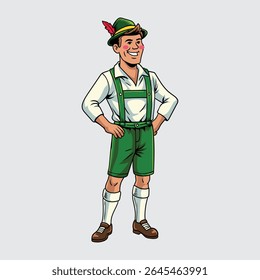 Smiling Bavarian man in traditional green lederhosen costume, wearing a feathered alpine hat and standing confidently
