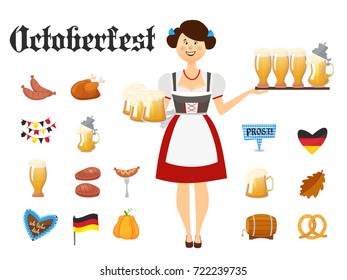 Smiling Bavarian woman in traditional costume  with beer glasses and Oktoberfest icons set.Traditional autumn beer holiday symbols isolated on white background.Cartoon style vector illustration