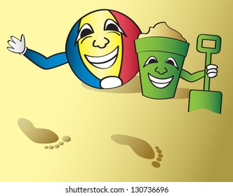 A smiling beach ball and bucket of sand with a shovel on the beach.