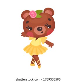 Smiling Bear in Ballerina Dress and Rose Flower on Head Dancing Vector Illustration