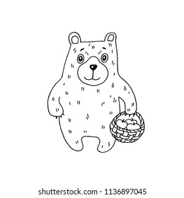 Smiling bear with basket full of apple. Black and white illustration. 