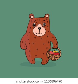 Smiling bear with basket full on apple on green background. Vector illustration. 