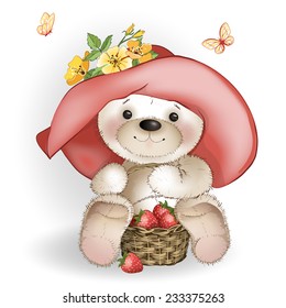 Smiling Bear in the big hat sitting with a basket of strawberries. Next butterflies. The white background.