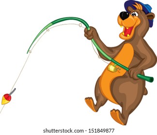 Smiling Bear in blue hat catches a fish a fishing rod