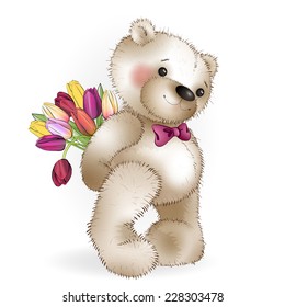 Smiling Bear with a bouquet . The white background.