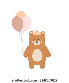 smiling bear in a cap with balloons. illustration isolated on white background