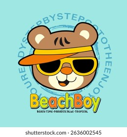 smiling bear cartoon head, Flat Vector Illustration