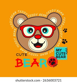 smiling bear cartoon head, Flat Vector Illustration