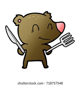 smiling bear cartoon with knife and fork