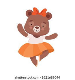 Smiling Bear Character Wearing Ballet Skirt Dancing Vector Illustration