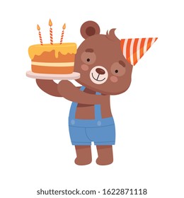 Smiling Bear Character Wearing Festive Hat Carrying Cake with Candles to Celebrate His Birthday Vector Illustration
