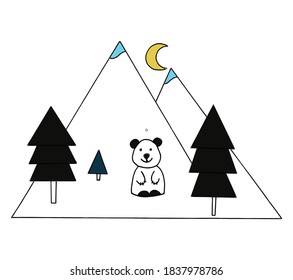 Smiling bear cub on the background of mountains in the forest on a moonlit night. Vector illustration. Perfect for print, children's clothing decor, bed linen, poster, coloring.