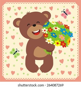 Smiling bear with flowers, card