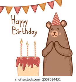 Smiling bear with folded paws next to a birthday cake and candles. Playful birthday vector art with party elements like hats and banners. Cute woodland character in a festive illustration for birthday