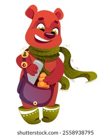 A smiling bear in a green scarf and boots takes a thermos and a croissant from his bag