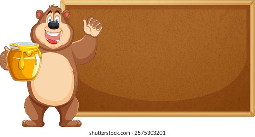 Smiling bear holding honey beside a blank board