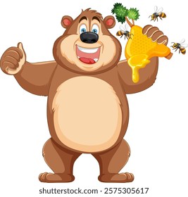 Smiling bear holding honeycomb with buzzing bees