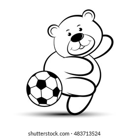 smiling bear playing with football in black & white-vector drawing