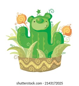 Smiling bear playing green cactus in pot