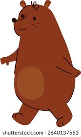 A smiling bear with round features and simple lines. The bear walks happily with a friendly expression. Cartoon vector illustration.