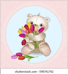 Smiling Bear is sitting with a bouquet