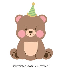 Smiling bear wearing a colorful party hat