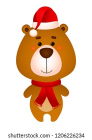 Smiling bear wearing Santa hat and scarf vector illustration. Toy, New Year, winter. Christmas concept. Vector illustration can be used for topics like holiday, season, childhood