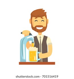 Smiling bearded bartender man character standing at the bar counter pouring beer, barman at work cartoon vector Illustration