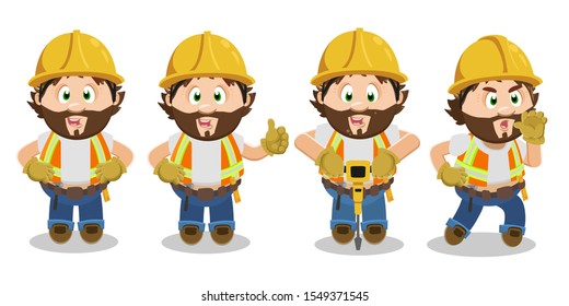 Smiling bearded builder man spending time at construction area. Foreman standing with arms akimbo, showing thumb up, perforating with drill, crying and giving instructions. Cartoon vector set on white