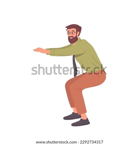 Smiling bearded businessman, office worker squatting standing isolated on white background