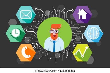 Smiling bearded businessman in a shirt with a tie and glasses. Business concept with icons. Set of office and business flat icons on dark background. Modern flat design. Vector, illustration