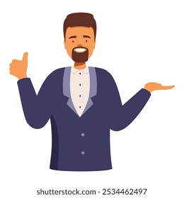 Smiling bearded businessman showing thumb up and presenting something with hand gesture