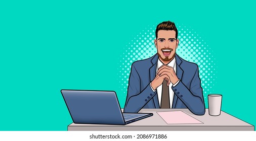 Smiling bearded businessman sitting at table with laptop Pop Art Comic Style