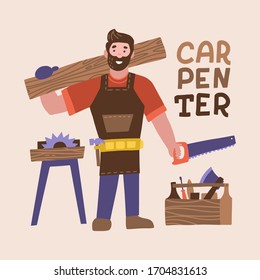 Carpintero barbudo sonriente con sierra de mano y tablero de madera. Longitud completa de carpintero masculino alegre con carpintería. Ilustración plana vectorial.