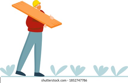 Smiling bearded carpenter holding  wooden board. Vector flat illustration.