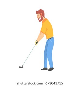 Smiling bearded cartoon golf palyer character hitting the ball vector Illustration