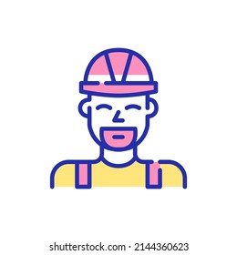 Trabajador de la construcción con barba sonriente con un sombrero duro. Icono de color de diversión de trazo perfecto y editable