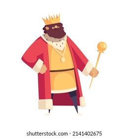 Smiling bearded fairy tale king holding scepter flat vector illustration